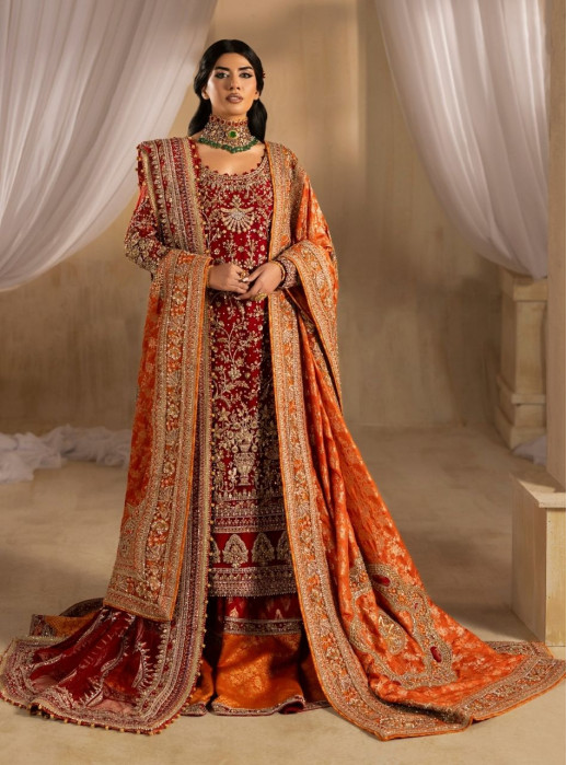 Dilkash - Red Long Shirt With Farshi Gharara Bridal