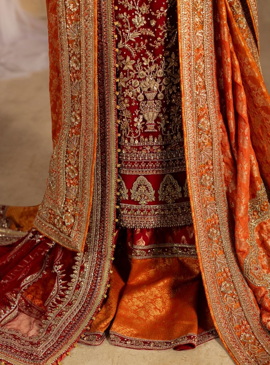 Dilkash - Red Long Shirt With Farshi Gharara Bridal