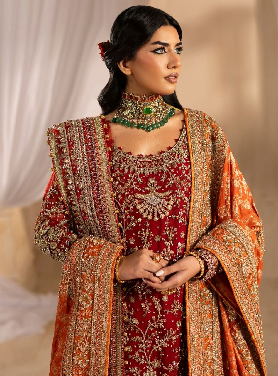 Dilkash - Red Long Shirt With Farshi Gharara Bridal