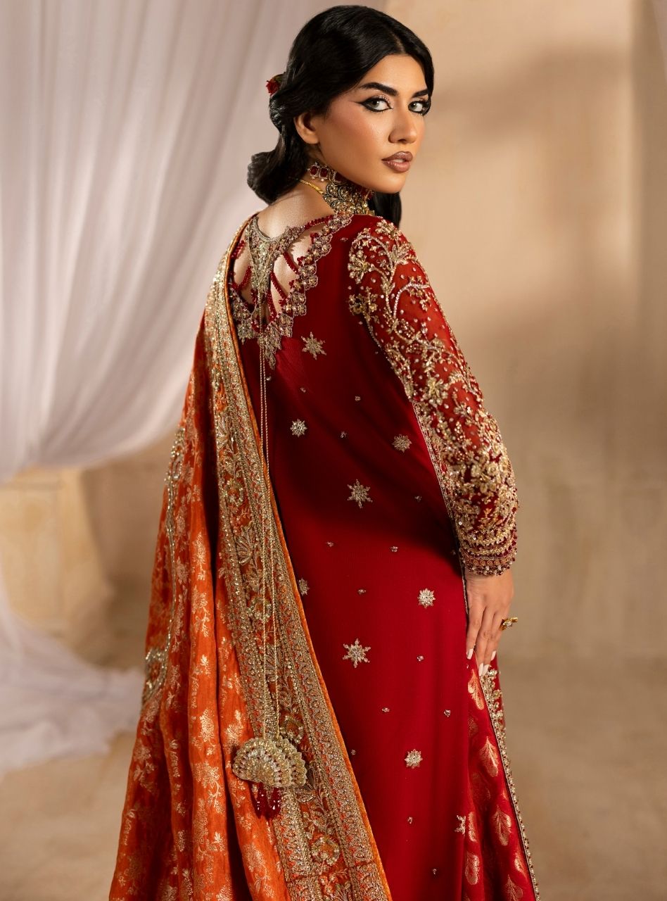 Dilkash - Red Long Shirt With Farshi Gharara Bridal