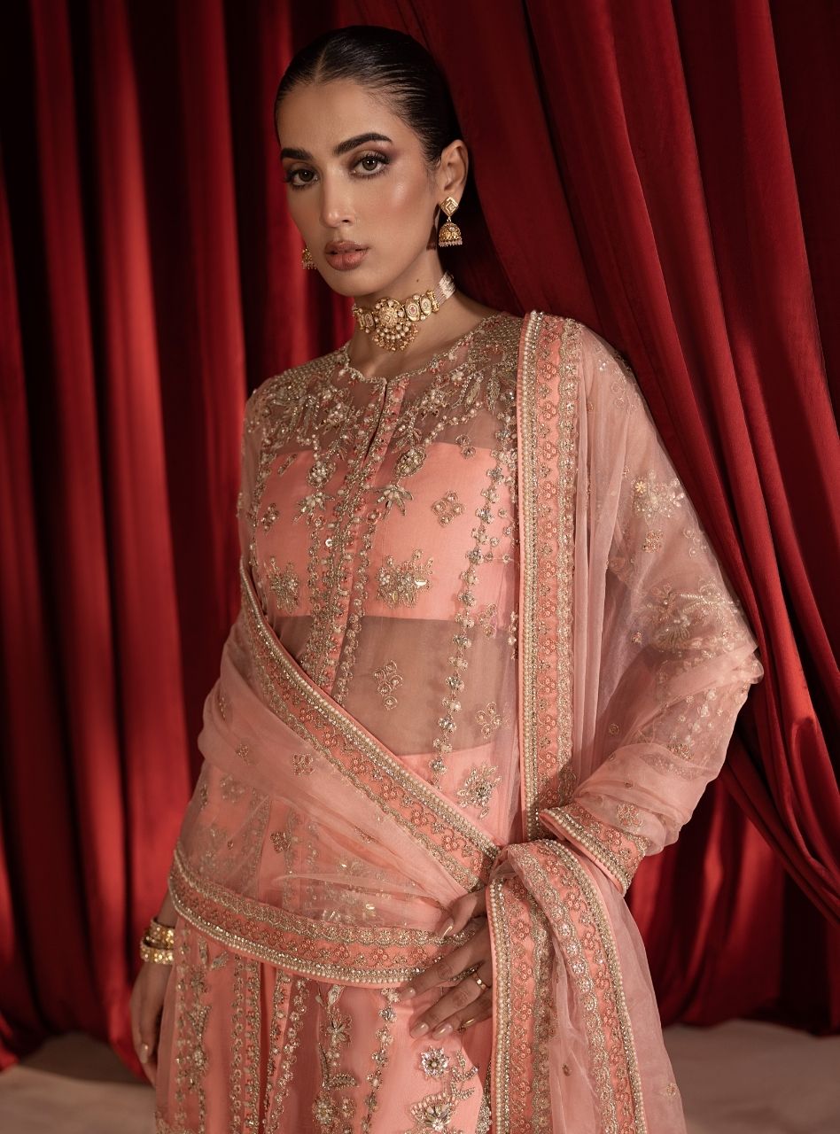 Gulaab - Pink Front Open Jacket With Trousers & Dupatta