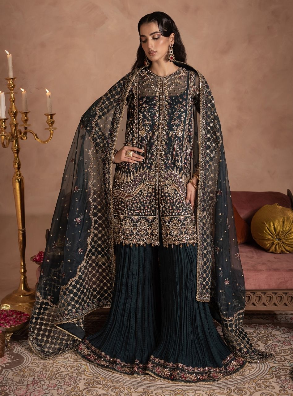 Shehnai - Teal Green Short Jacket Shirt with Sharara & Dupatta