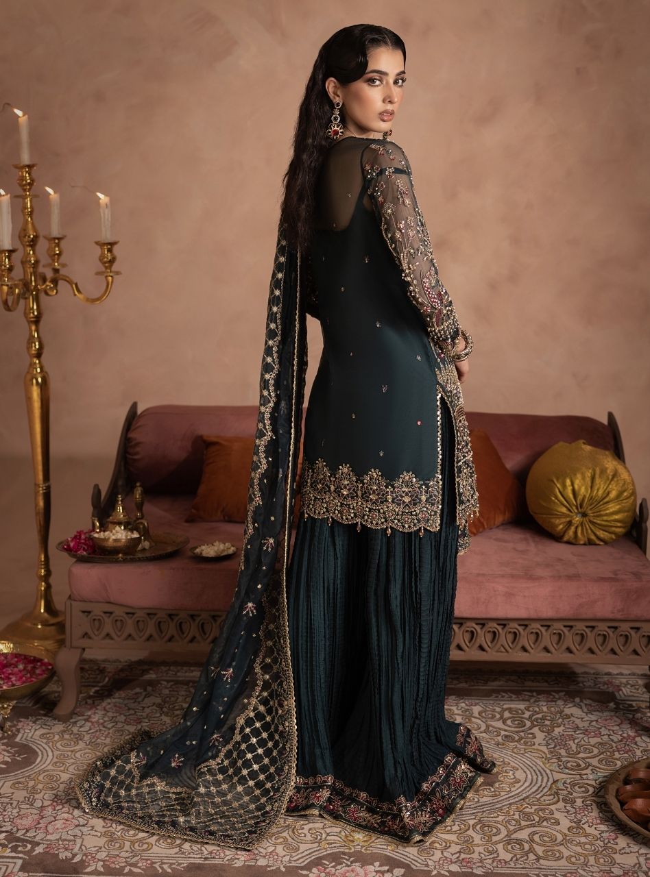 Shehnai - Teal Green Short Jacket Shirt with Sharara & Dupatta