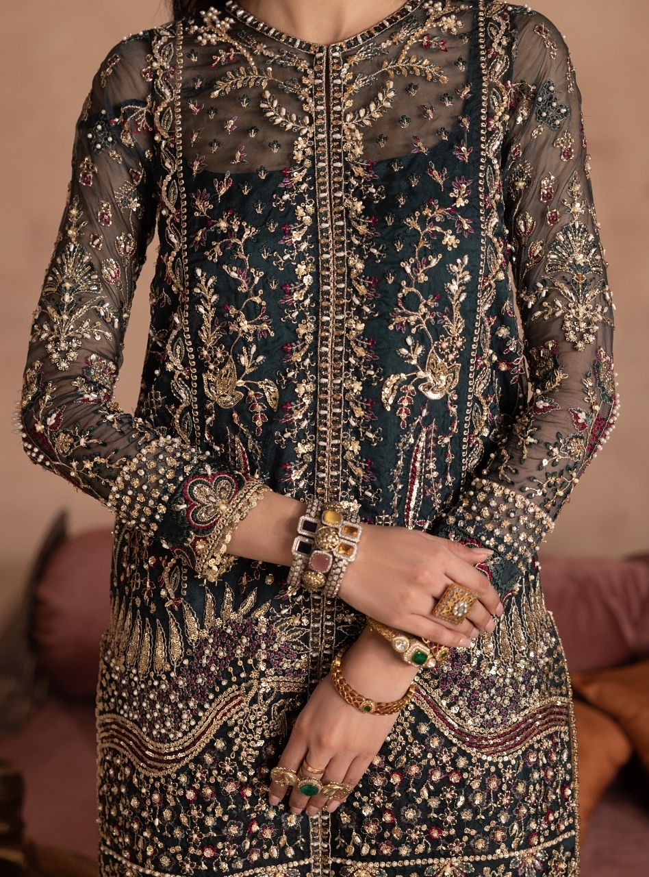 Shehnai - Teal Green Short Jacket Shirt with Sharara & Dupatta