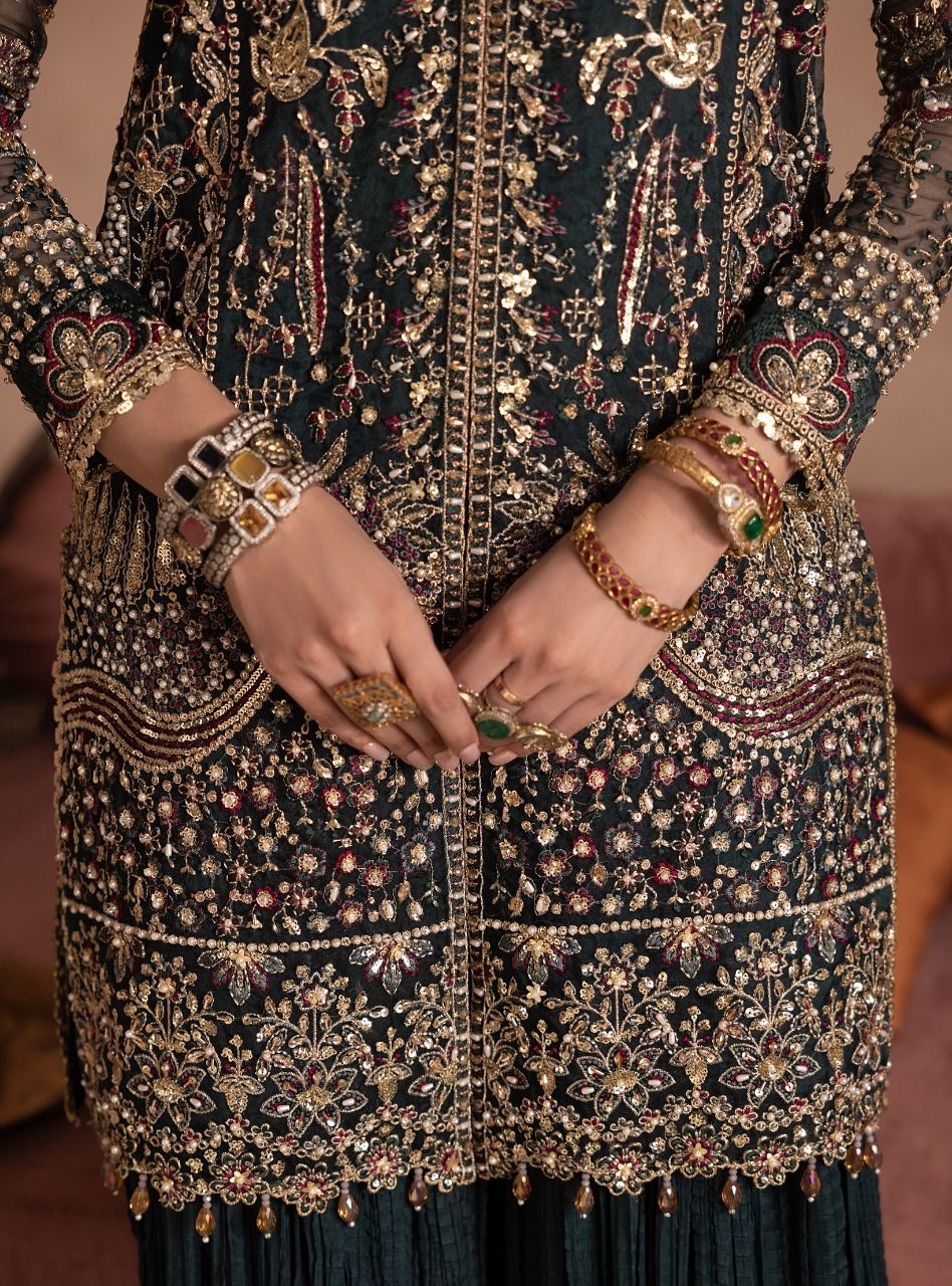 Shehnai - Teal Green Short Jacket Shirt with Sharara & Dupatta