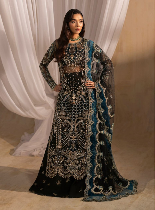 Siyah - Black Long Shirt With Azaar Pants & Dupatta