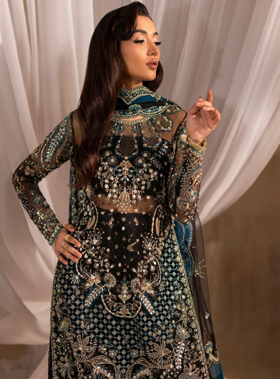 Siyah - Black Long Shirt With Azaar Pants & Dupatta