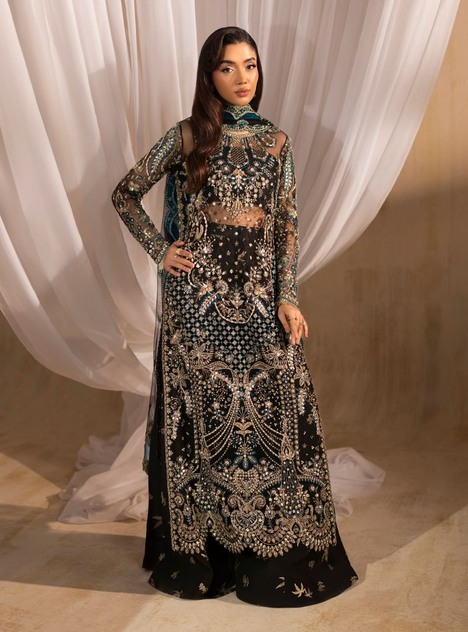 Siyah - Black Long Shirt With Azaar Pants & Dupatta